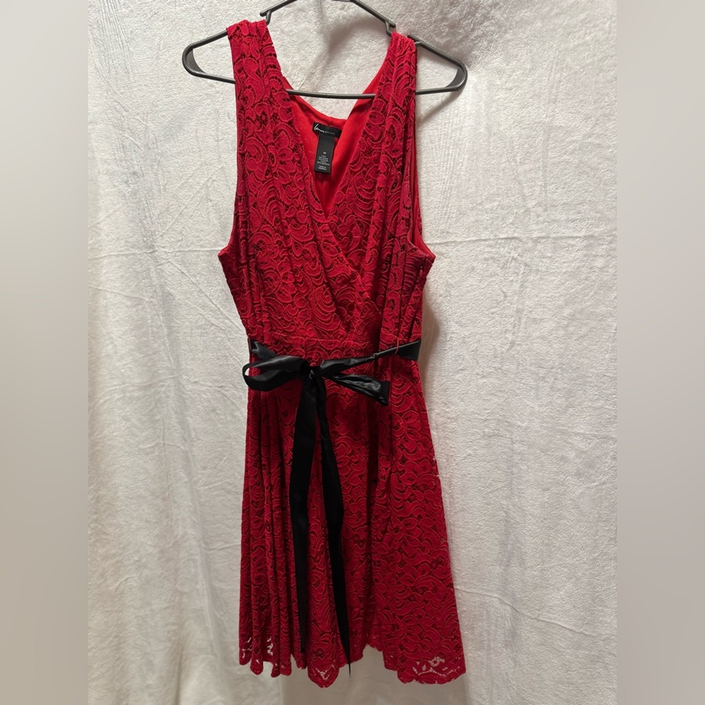Lane Bryant Red Lace Midi Dress with Black Ribbon